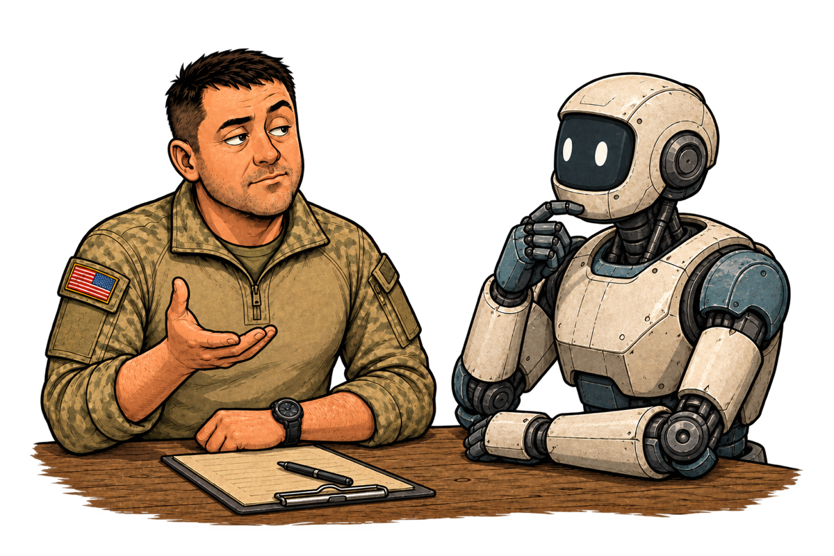 A Salty Vet in conversation with a friendly robot about applied AI.
