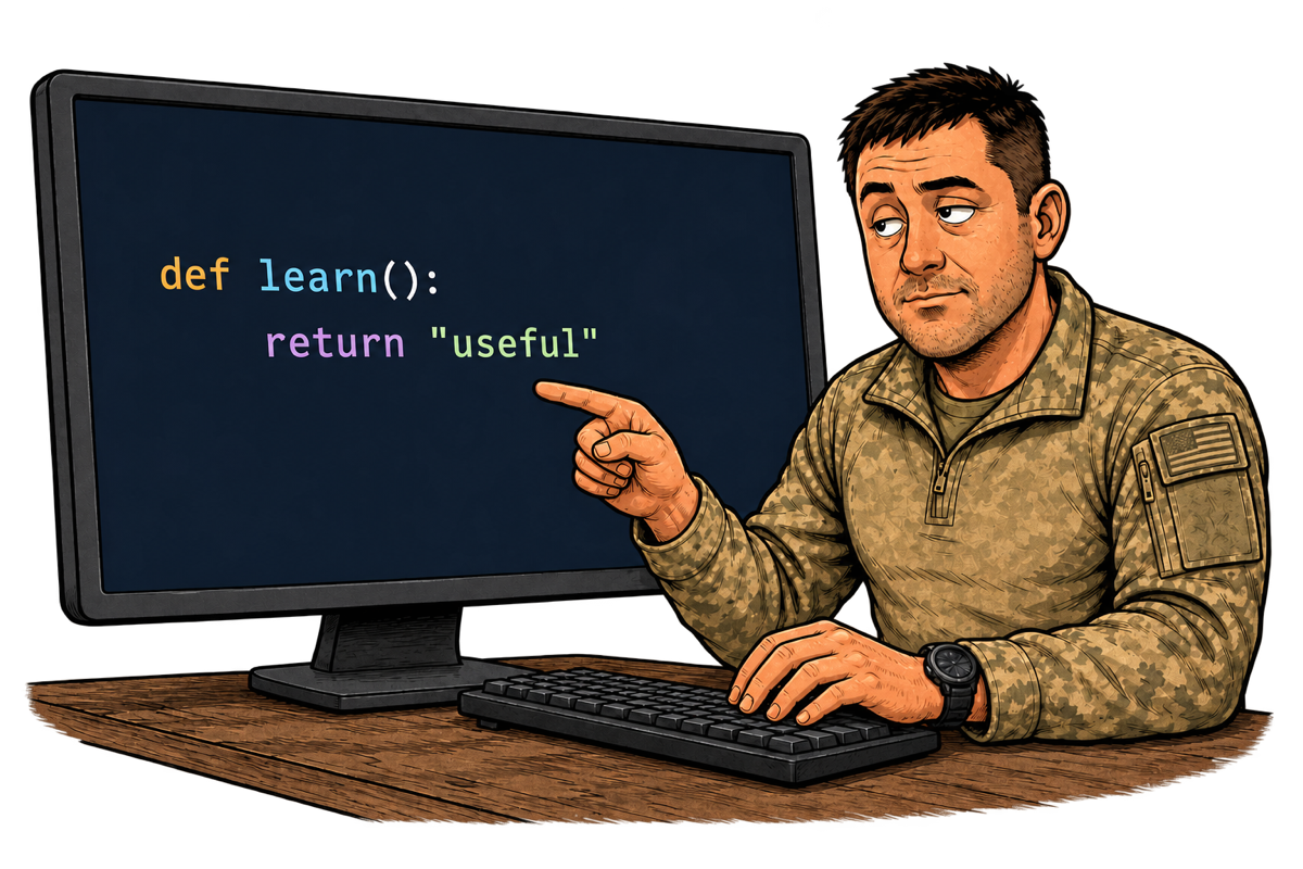 A Salty Vet working beside a large monitor showing a short Python function.