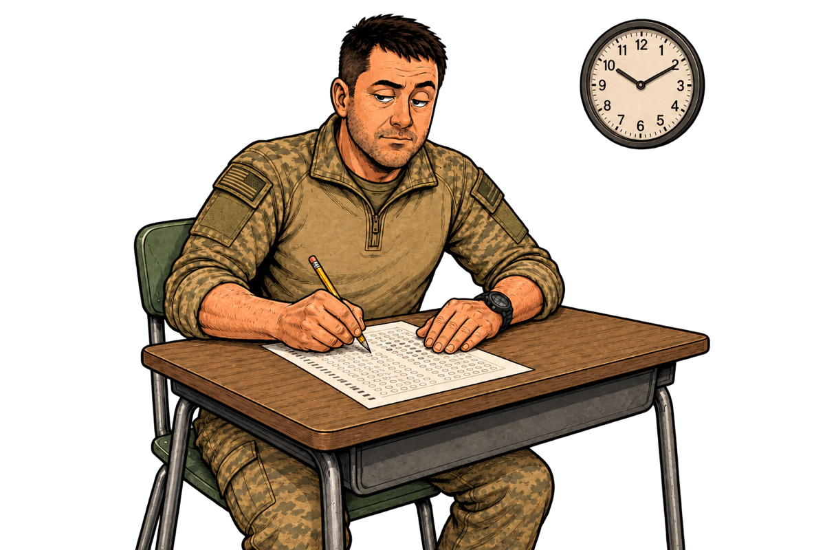 A Salty Vet taking a paper certification exam at a student desk.